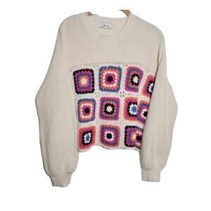 Sadie & Sage Womens M/L Cream Crochet Granny Square Patchwork CottagecoreBoho